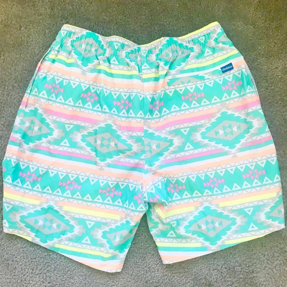 EUC Mens Chubbies Classic Swim Trunk The En Fuegos in Teal Geometric | Size Lg - Picture 4 of 9